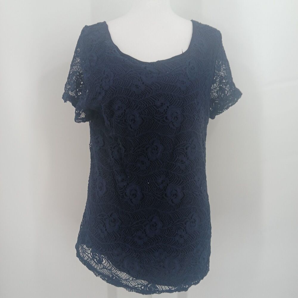 womans leo nicole size medium navy blue lace short sleeve top blouse summer